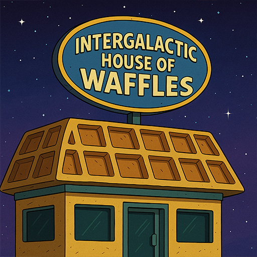 Exterior of the Intergalactic House of Waffles diner floating in space