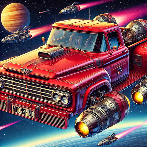 The Moonshine spaceship, a red pickup truck in space.